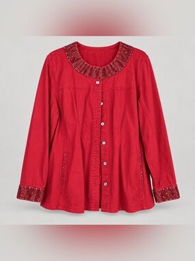 Women's Red Embellished Button-Front Top